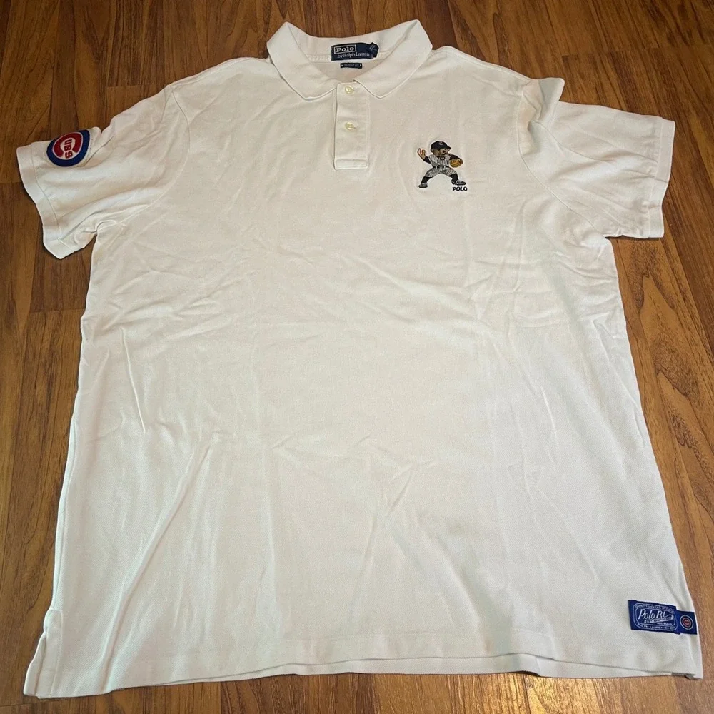 Polo Ralph Lauren Chicago Cubs Polo Bear Shirt Mens XL White Pique Baseball Polo